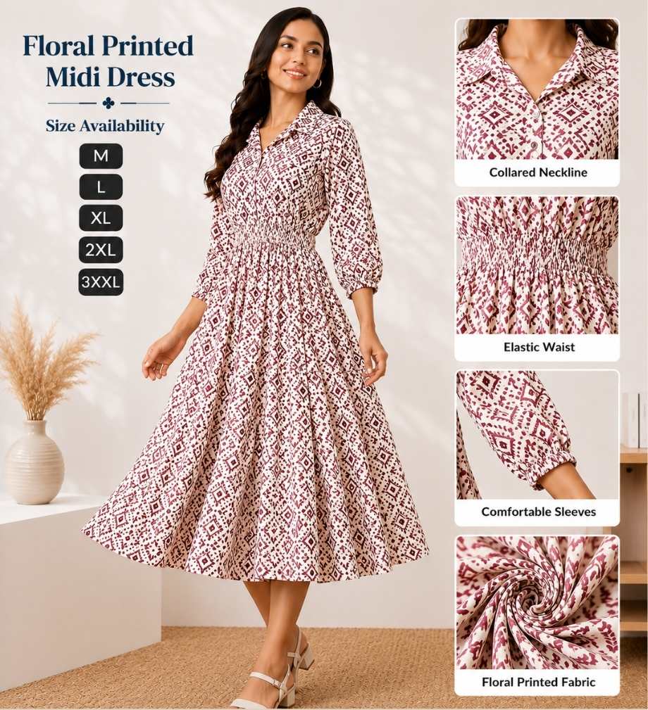 create fashion hub (21) Premium Printed Midi Dress for Women